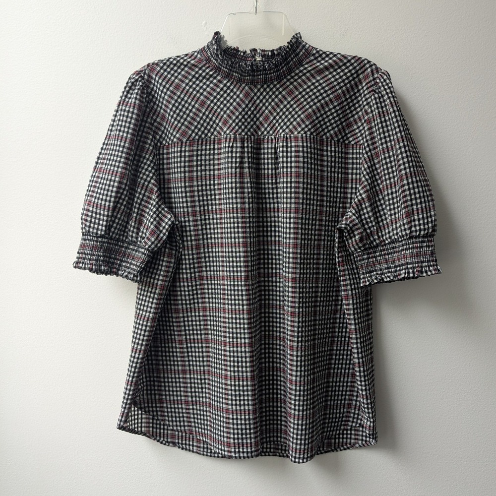 LOFT Top Black Gingham Plaid Smocked Mock Neck Puff Sleeve XL Preppy Modest